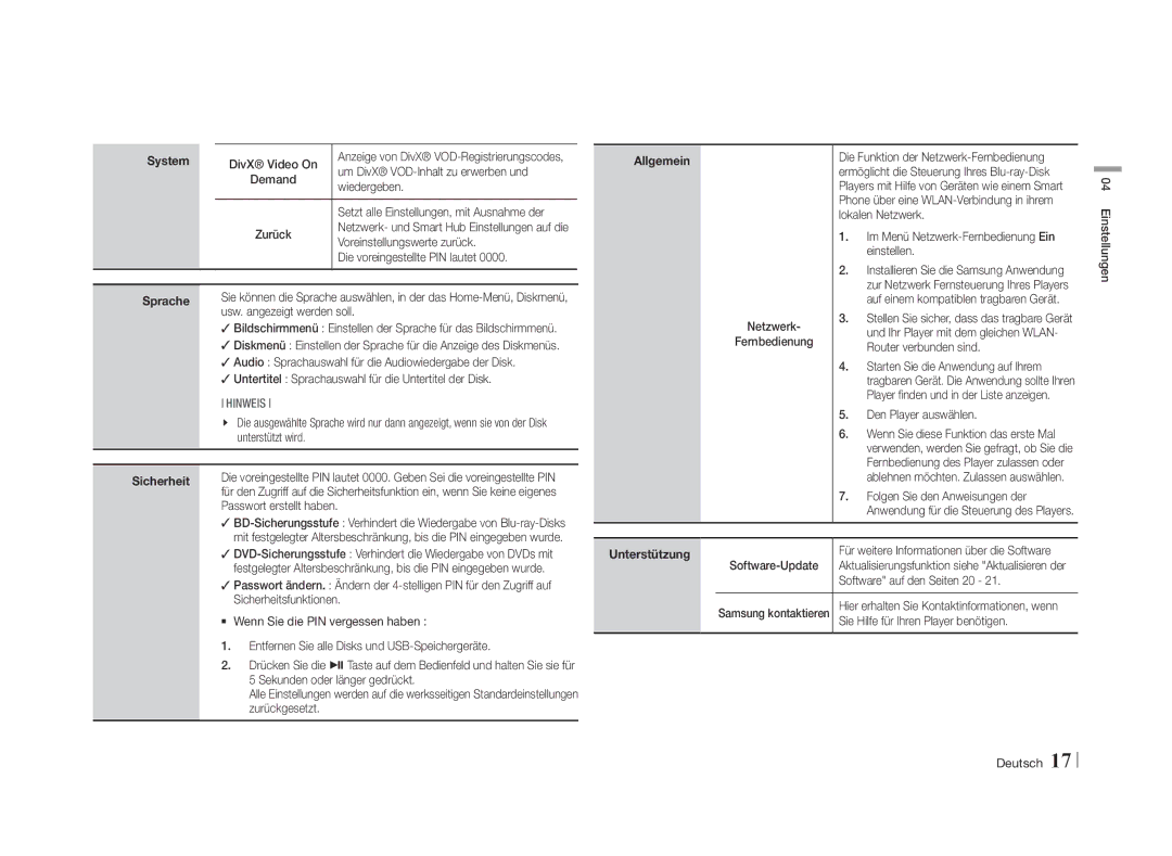 Samsung BD-E5500/XN, BD-E5500/EN, BD-E5500/TK, BD-E5500/ZF, BD-E5500/XE manual Sprache, Sicherheit, Allgemein, Unterstützung 