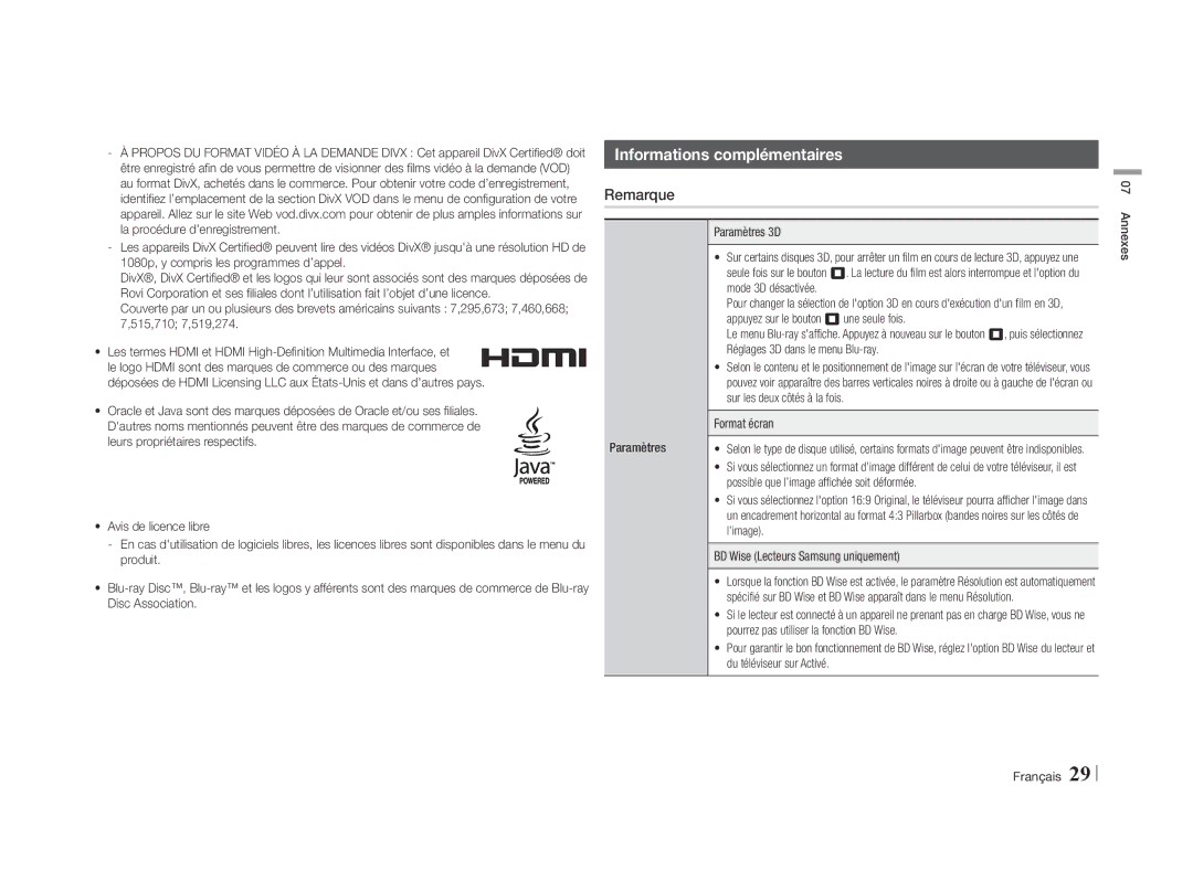 Samsung BD-E5500/TK, BD-E5500/XN, BD-E5500/EN, BD-E5500/ZF, BD-E5500/ZN, BD-E5500/XS Informations complémentaires, Remarque 