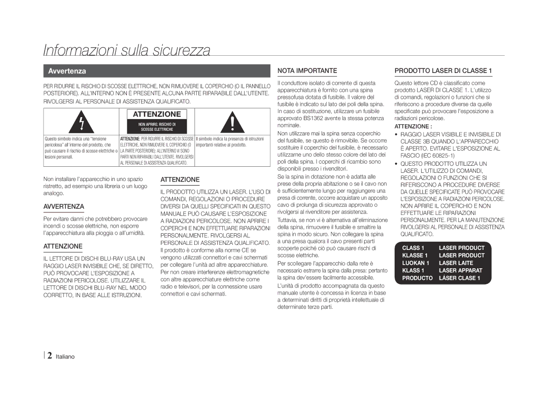 Samsung BD-E5500/TK, BD-E5500/XN, BD-E5500/EN, BD-E5500/ZF, BD-E5500/ZN, BD-E5500/XS Informazioni sulla sicurezza, Avvertenza 