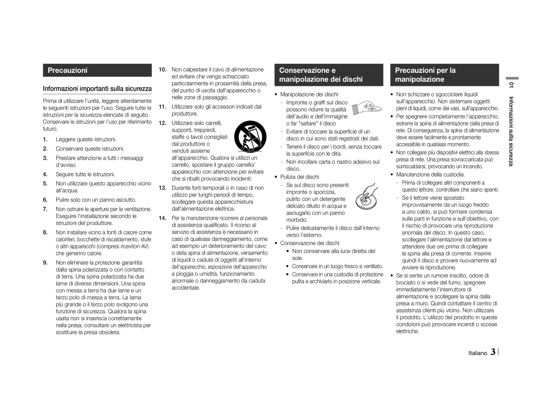 Samsung BD-E5500/ZF, BD-E5500/XN, BD-E5500/EN Precauzioni per la manipolazione, Informazioni importanti sulla sicurezza 