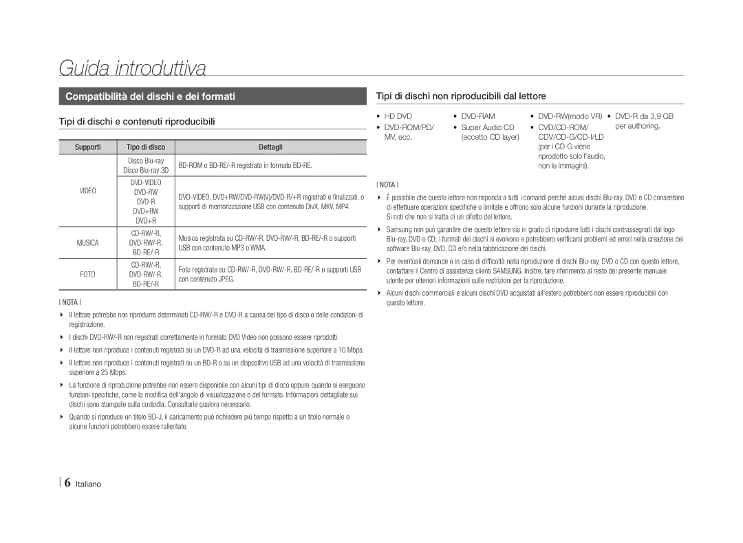 Samsung BD-E5500/SH, BD-E5500/XN, BD-E5500/EN, BD-E5500/TK manual Guida introduttiva, Compatibilità dei dischi e dei formati 