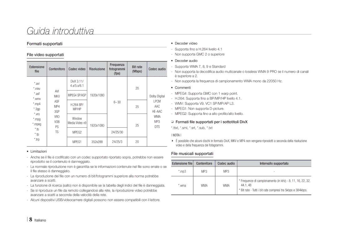 Samsung BD-E5500/XE, BD-E5500/XN Formati supportati File video supportati, File musicali supportati, Risoluzione, 44.1 