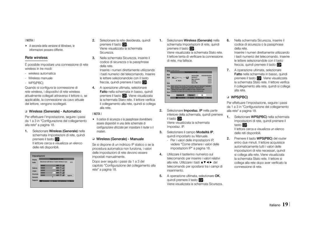 Samsung BD-E5500/SQ, BD-E5500/XN manual ĞĞ Wireless Generale Automatico, ĞĞ Wireless Generale Manuale, Impostazioni Italiano 