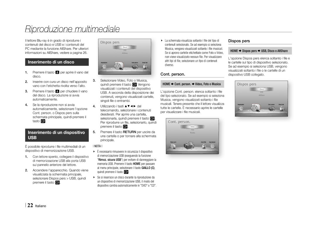 Samsung BD-E5500/TK, BD-E5500/XN manual Riproduzione multimediale, Inserimento di un disco, Inserimento di un dispositivo 