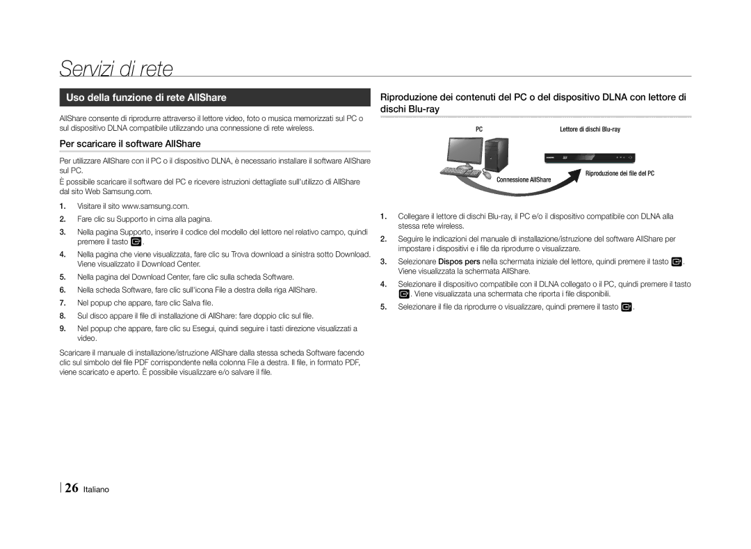 Samsung BD-E5500/SH Uso della funzione di rete AllShare, Per scaricare il software AllShare, Lettore di dischi Blu-ray 