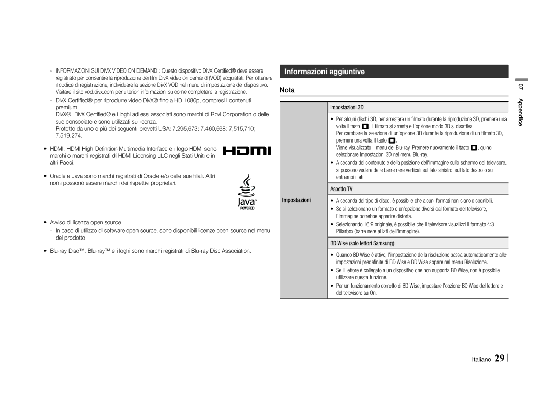 Samsung BD-E5500/SQ, BD-E5500/XN, BD-E5500/EN, BD-E5500/TK, BD-E5500/ZF, BD-E5500/ZN, BD-E5500/XS Informazioni aggiuntive, Nota 