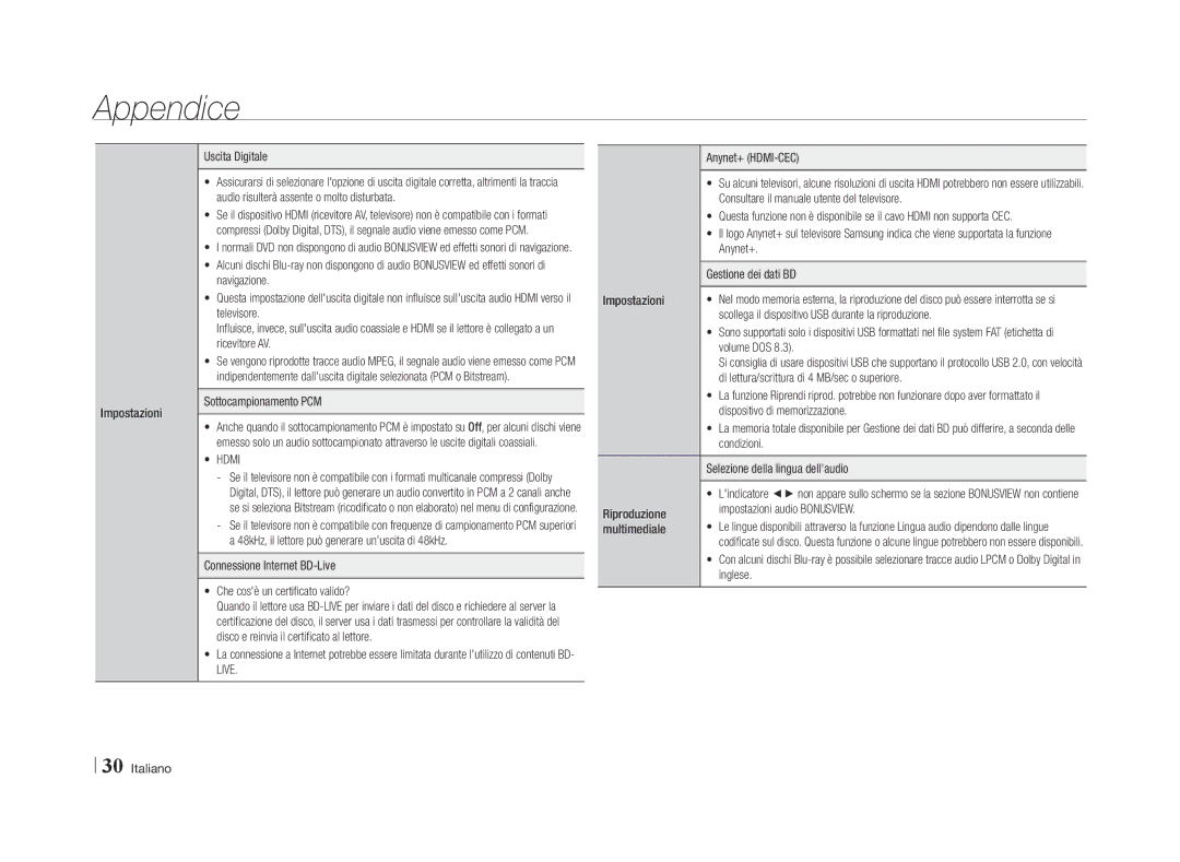 Samsung BD-E5500/XN Sottocampionamento PCM, Scollega il dispositivo USB durante la riproduzione, Volume DOS, Condizioni 