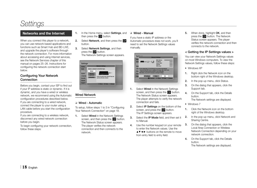 Samsung BD-E5500/XE manual Networks and the Internet, Configuring Your Network Connection, Getting the IP Settings values 