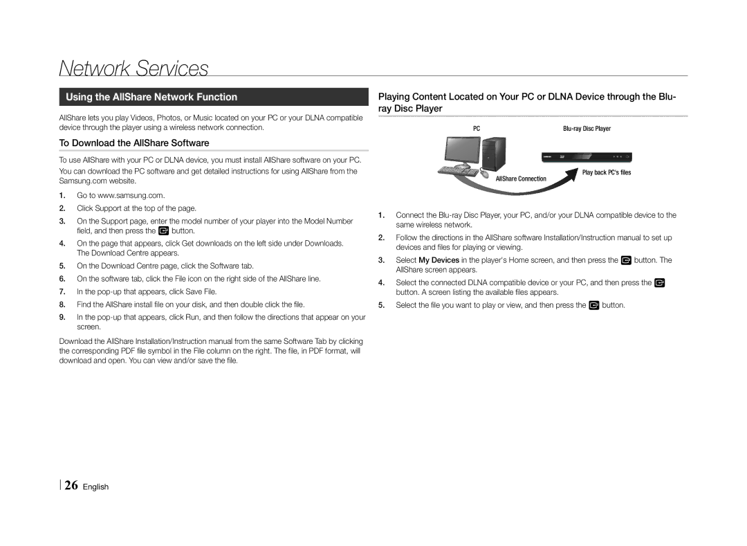 Samsung BD-E5500/SH manual Using the AllShare Network Function, To Download the AllShare Software, Blu-ray Disc Player 