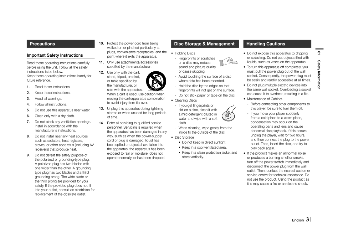 Samsung BD-E5500/ZF, BD-E5500/XN Precautions, Disc Storage & Management, Handling Cautions, Important Safety Instructions 