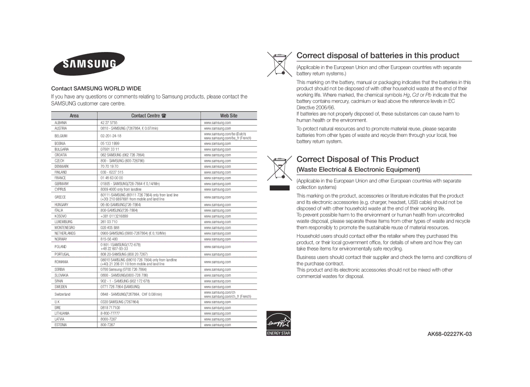 Samsung BD-E5500/SH, BD-E5500/XN Correct disposal of batteries in this product, Waste Electrical & Electronic Equipment 