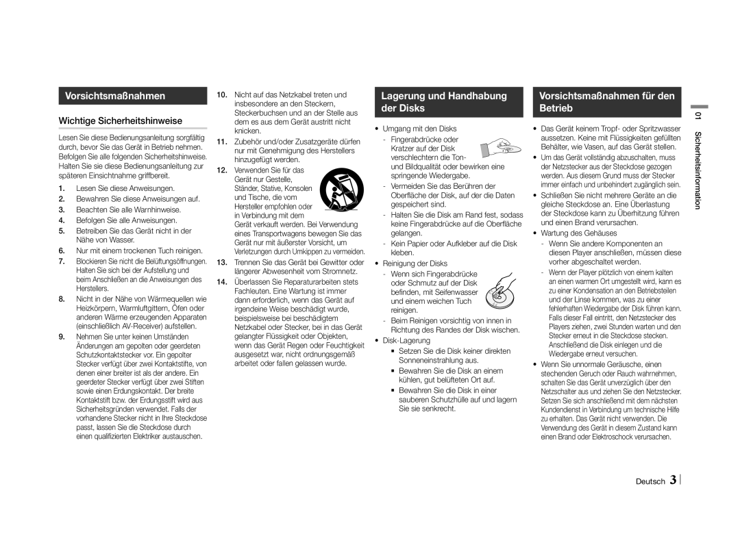 Samsung BD-E5500/SQ manual Vorsichtsmaßnahmen, Lagerung und Handhabung, Der Disks Betrieb, Wichtige Sicherheitshinweise 