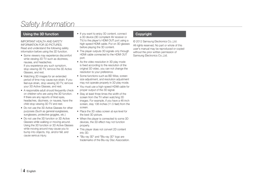 Samsung BD-E5500/ZN, BD-E5500/XN, BD-E5500/EN, BD-E5500/TK, BD-E5500/ZF, BD-E5500/XS manual Using the 3D function, Copyright 