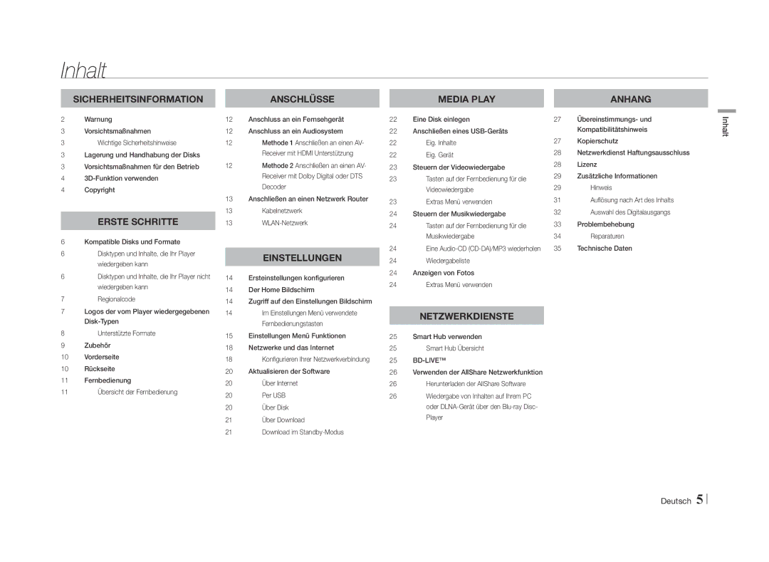 Samsung BD-E5500/EN, BD-E5500/XN, BD-E5500/TK, BD-E5500/ZF, BD-E5500/ZN, BD-E5500/XS, BD-E5500/SH, BD-E5500/SJ manual Inhalt 