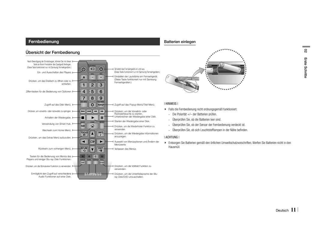 Samsung BD-E5500/SJ manual Übersicht der Fernbedienung, Batterien einlegen, Überprüfen Sie, ob die Batterien leer sind 