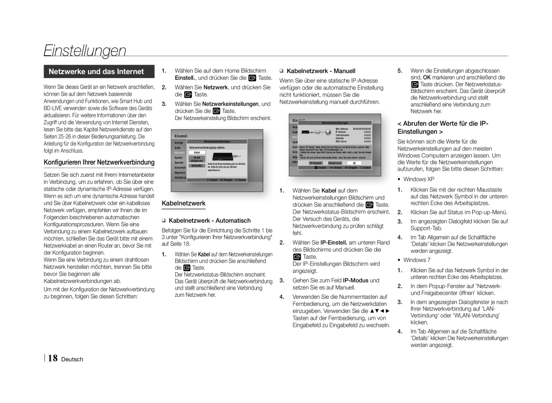 Samsung BD-E5500/ZN Netzwerke und das Internet, Abrufen der Werte für die IP- Einstellungen, ĞĞ Kabelnetzwerk Automatisch 