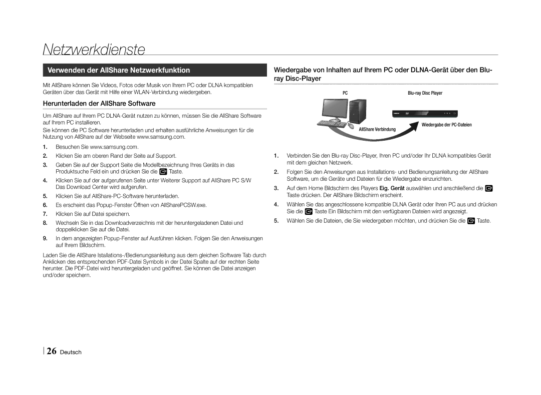 Samsung BD-E5500/TK Verwenden der AllShare Netzwerkfunktion, Herunterladen der AllShare Software, AllShare Verbindung 