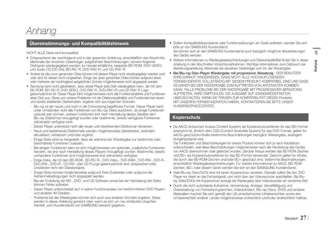 Samsung BD-E5500/ZF Anhang, Übereinstimmungs- und Kompatibilitätshinweis, Kopierschutz, Nicht Alle Disks sind kompatibel 