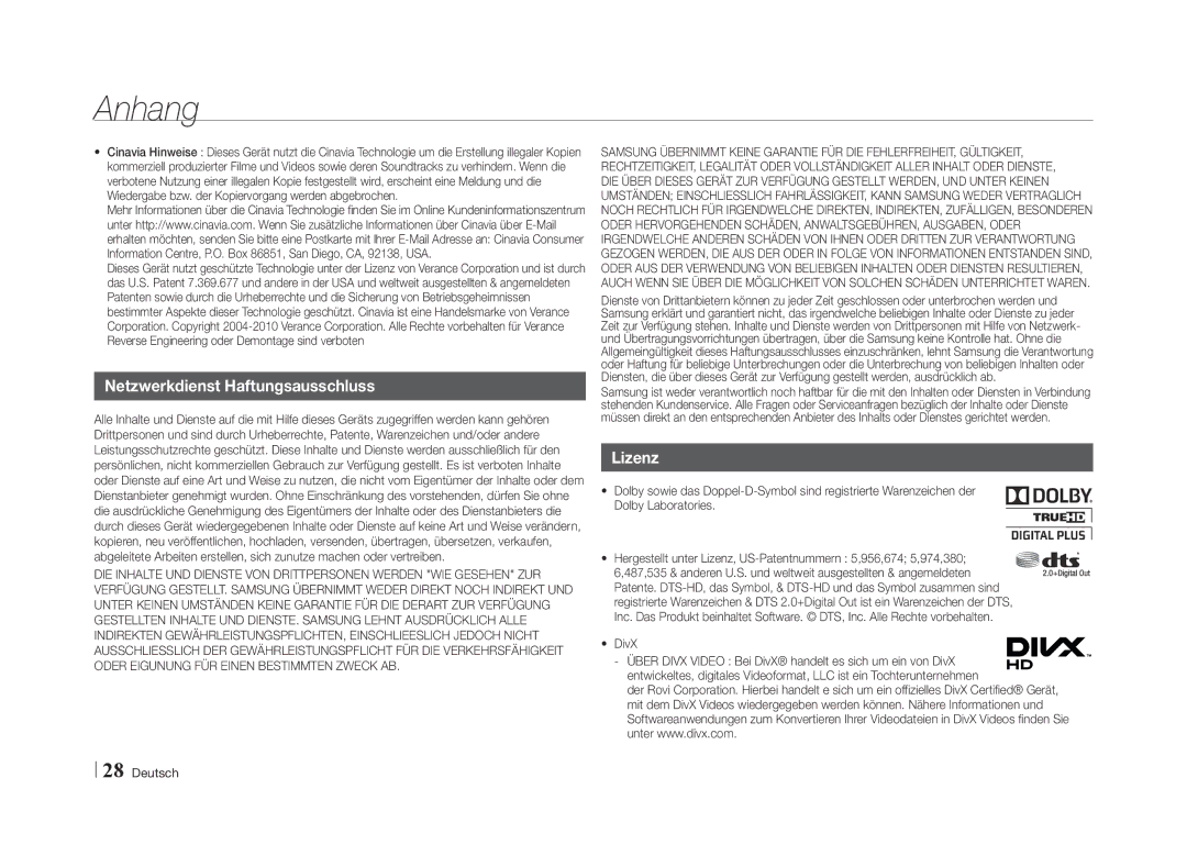 Samsung BD-E5500/ZN, BD-E5500/XN, BD-E5500/EN, BD-E5500/TK, BD-E5500/ZF, BD-E5500/XS Netzwerkdienst Haftungsausschluss, Lizenz 