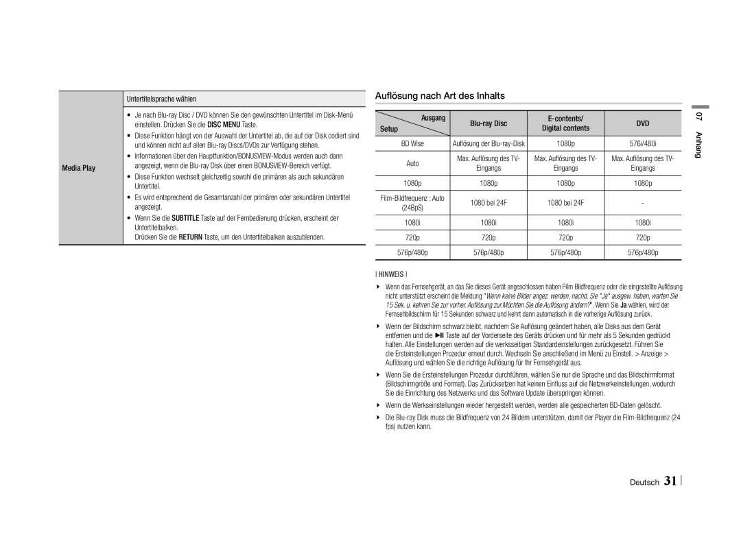Samsung BD-E5500/SJ Auflösung nach Art des Inhalts, Media Play Untertitelsprache wählen, Ausgang Blu-ray Disc Contents 