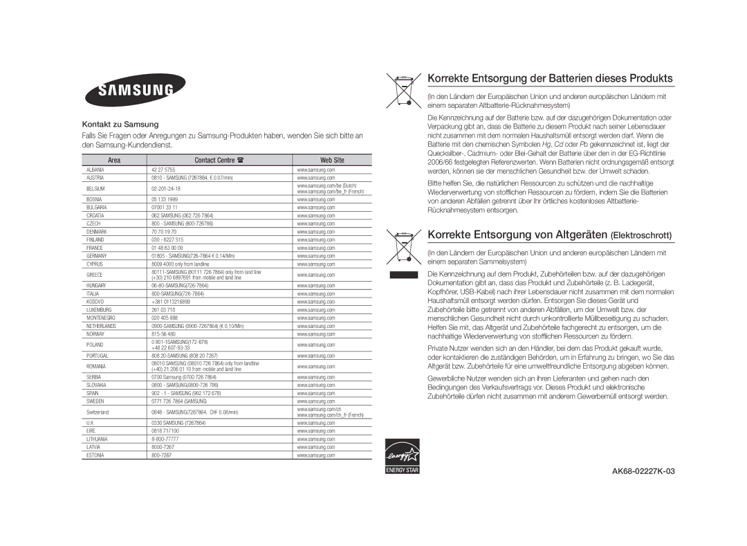 Samsung BD-E5500/ZF, BD-E5500/XN, BD-E5500/EN, BD-E5500/TK, BD-E5500/ZN Korrekte Entsorgung der Batterien dieses Produkts 