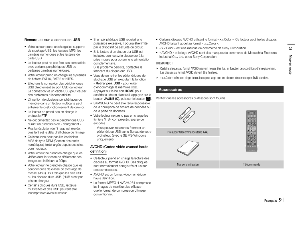 Samsung BD-E5500/TK, BD-E5500/XN Accessoires, Remarques sur la connexion USB, Avchd Codec vidéo avancé haute définition 