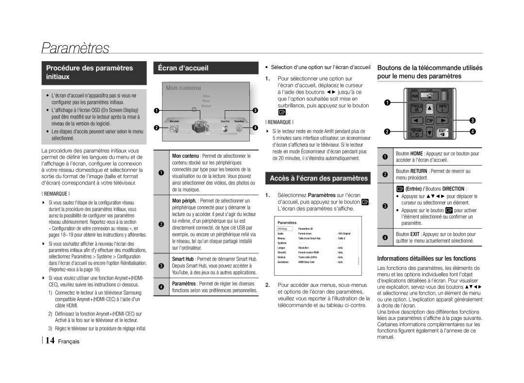 Samsung BD-E5500/SJ, BD-E5500/XN, BD-E5500/EN, BD-E5500/TK Paramètres, Procédure des paramètres initiaux, Écran daccueil 