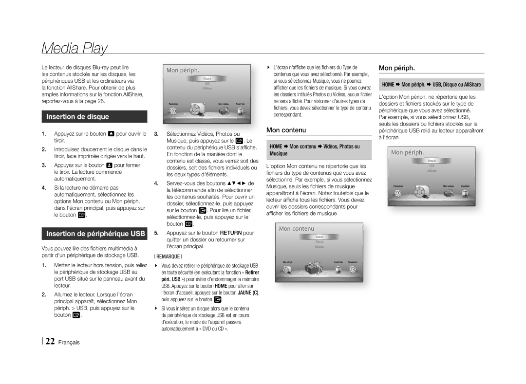 Samsung BD-E5500/XS, BD-E5500/XN, BD-E5500/EN, BD-E5500/TK, BD-E5500/ZF manual Insertion de disque, Mon périph, Mon contenu 