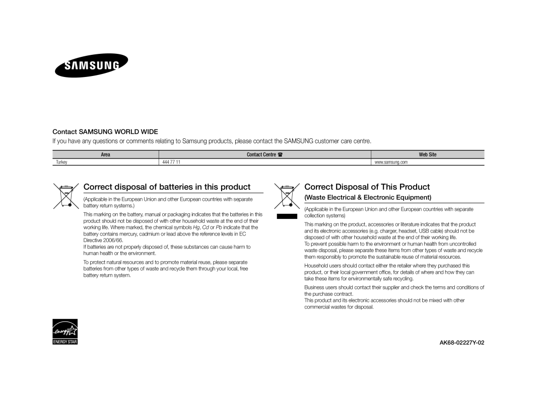 Samsung BD-E5500/XN, BD-E5500/EN manual Waste Electrical & Electronic Equipment, Contact Centre , Web Site, Turkey, 444 77 