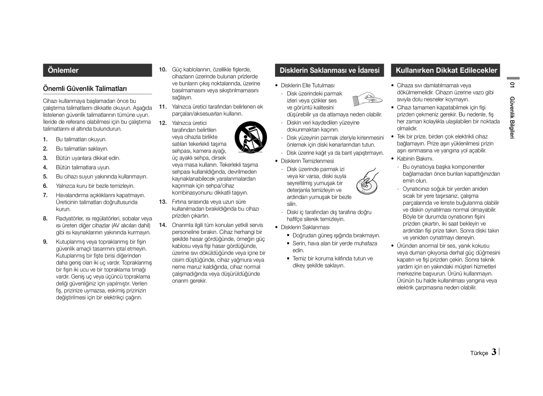Samsung BD-E5500/ZF, BD-E5500/XN, BD-E5500/EN manual Önlemler, Disklerin Saklanması ve İdaresi, Önemli Güvenlik Talimatları 