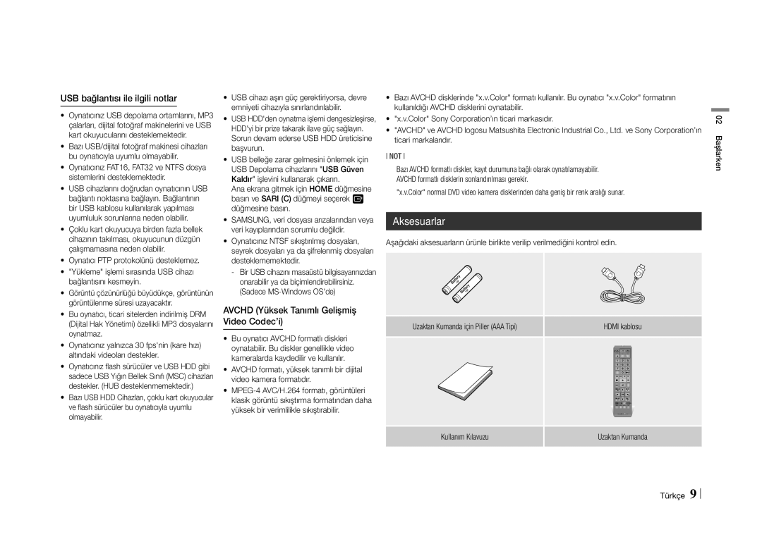 Samsung BD-E5500/EN manual Aksesuarlar, USB bağlantısı ile ilgili notlar, Avchd Yüksek Tanımlı Gelişmiş Video Codec’i 