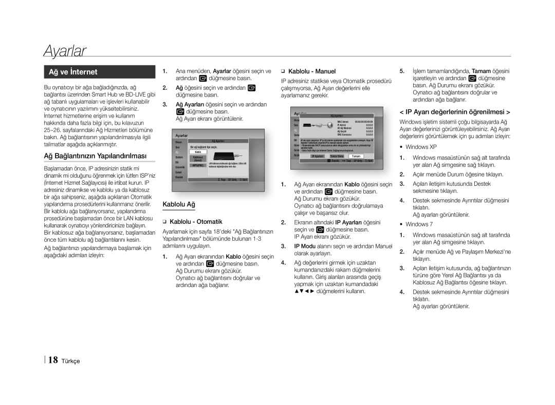 Samsung BD-E5500/TK, BD-E5500/XN manual Ağ ve İnternet, Ağ Bağlantınızın Yapılandırılması, IP Ayarı değerlerinin öğrenilmesi 