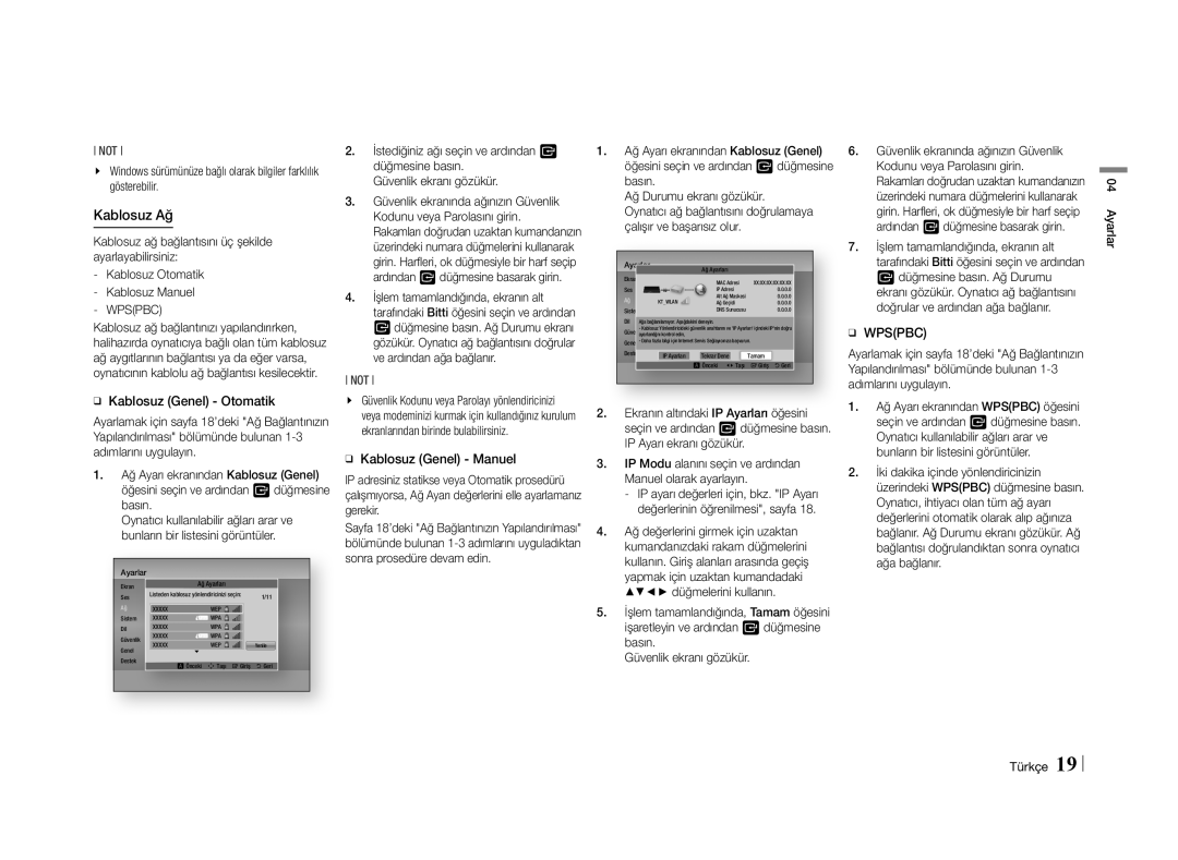 Samsung BD-E5500/ZF, BD-E5500/XN, BD-E5500/EN, BD-E5500/TK manual ĞĞ Kablosuz Genel Otomatik, ĞĞ Kablosuz Genel Manuel 