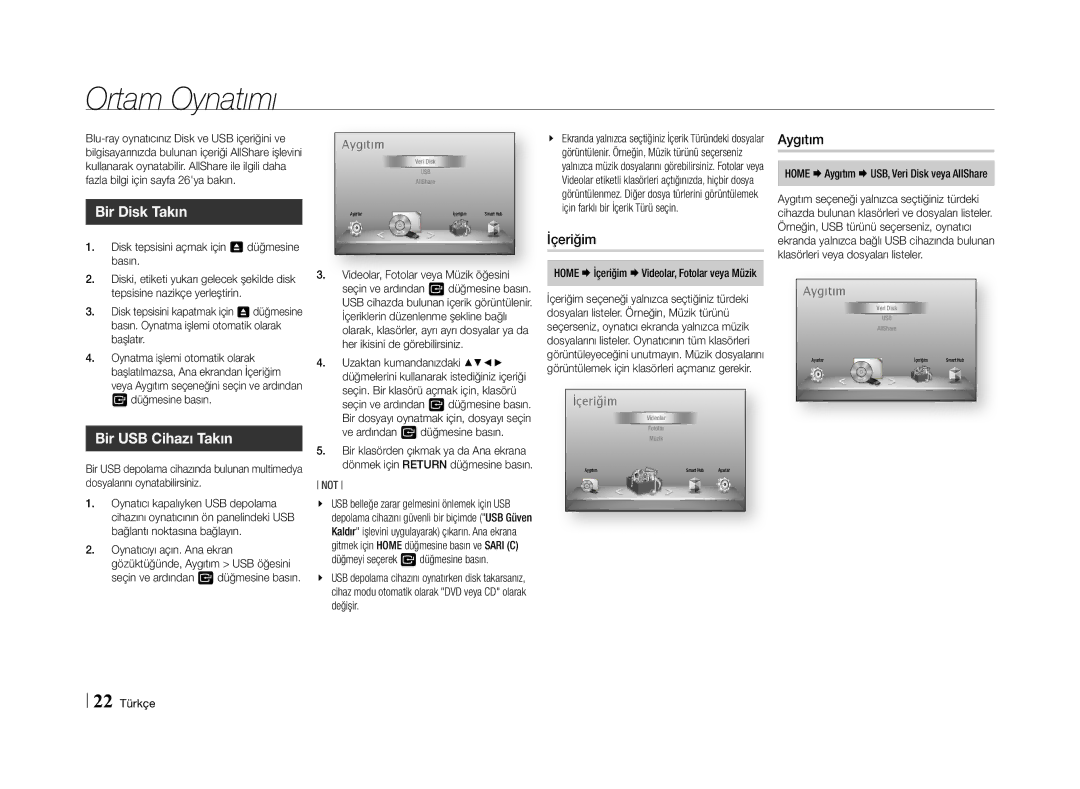 Samsung BD-E5500/TK, BD-E5500/XN, BD-E5500/EN manual Ortam Oynatımı, Bir Disk Takın, Bir USB Cihazı Takın, İçeriğim, Aygıtım 