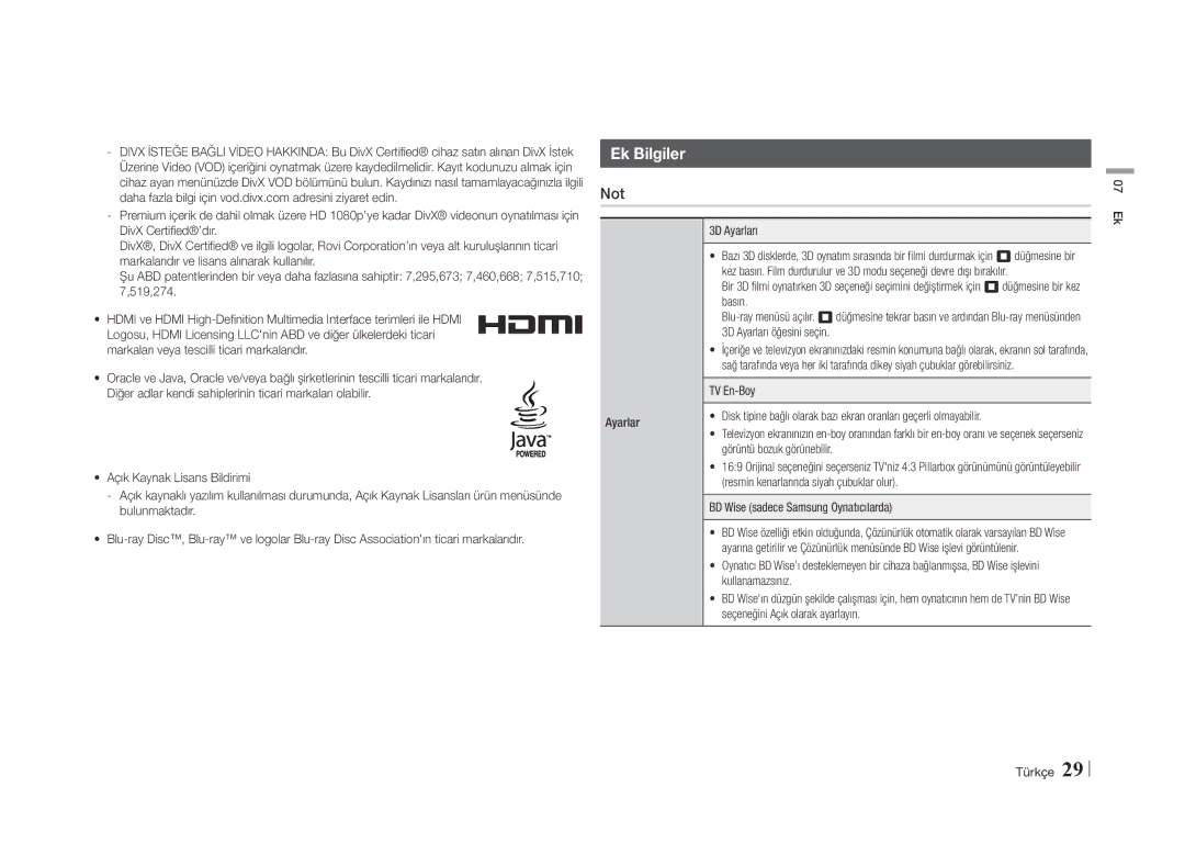 Samsung BD-E5500/EN, BD-E5500/XN, BD-E5500/TK, BD-E5500/ZF manual Ek Bilgiler, Not 