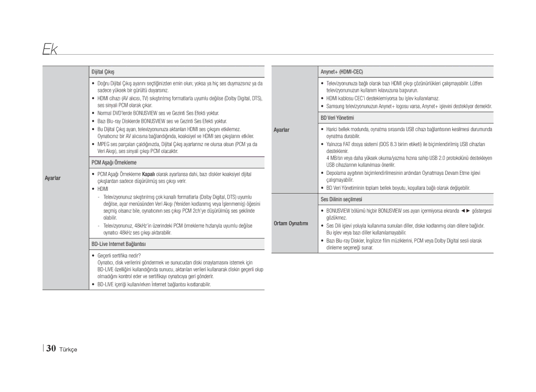 Samsung BD-E5500/TK PCM Aşağı Örnekleme, BD-Live Internet Bağlantısı Geçerli sertifika nedir?, BD Veri Yönetimi, 30 Türkçe 