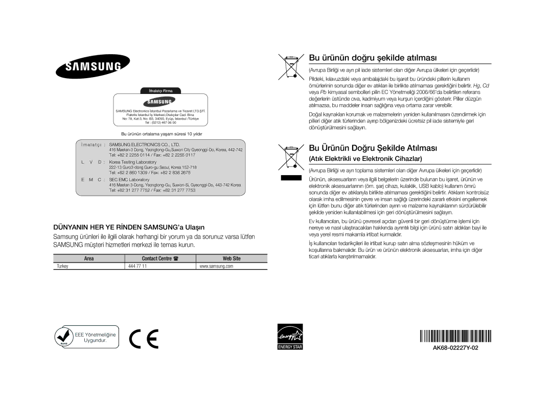 Samsung BD-E5500/XN, BD-E5500/EN, BD-E5500/TK, BD-E5500/ZF manual Area Contact Centre  Web Site, Turkey 444 77 