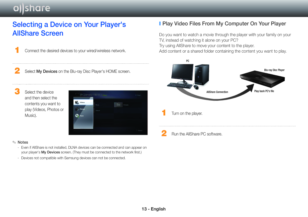 Samsung BD-ES5000/XE Selecting a Device on Your Players AllShare Screen, Play Video Files From My Computer On Your Player 