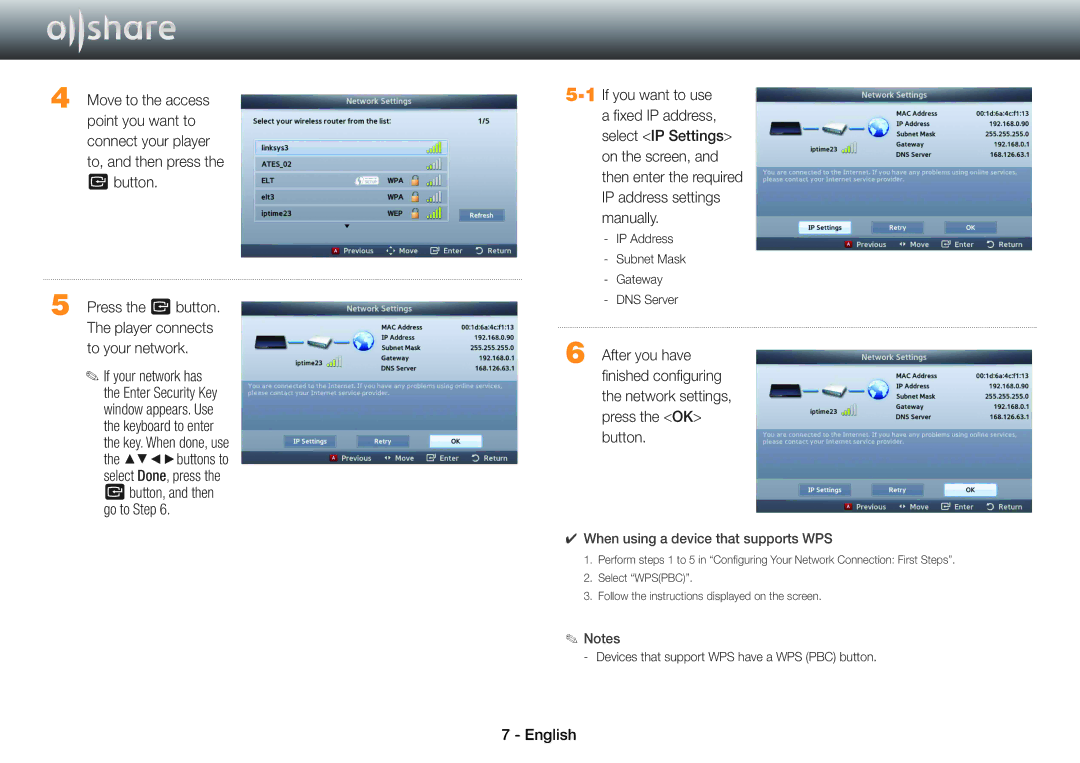 Samsung BD-E5500/ZN, BD-E5500/XN, BD-ES5000/XN Point you want to, After you have, Network settings, press the OK button 