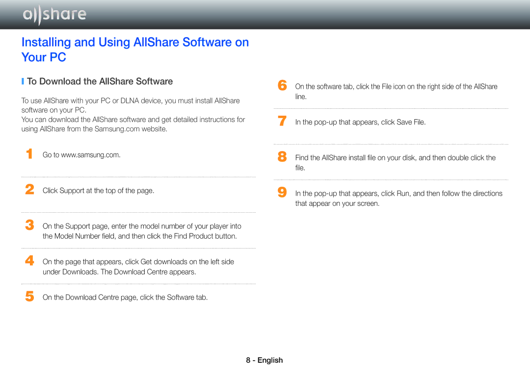 Samsung BD-E5500/XS, BD-E5500/XN manual Installing and Using AllShare Software on Your PC, To Download the AllShare Software 