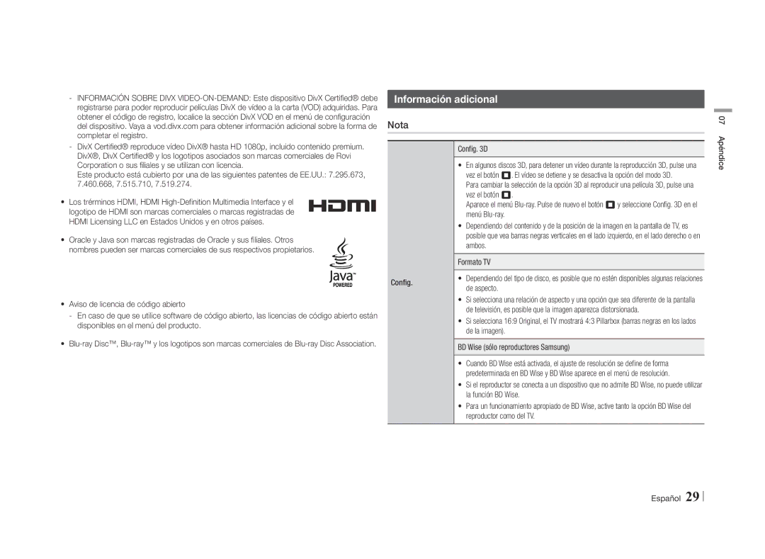 Samsung BD-E5500/ZN manual Información adicional, Config D, De aspecto, De la imagen, BD Wise sólo reproductores Samsung 