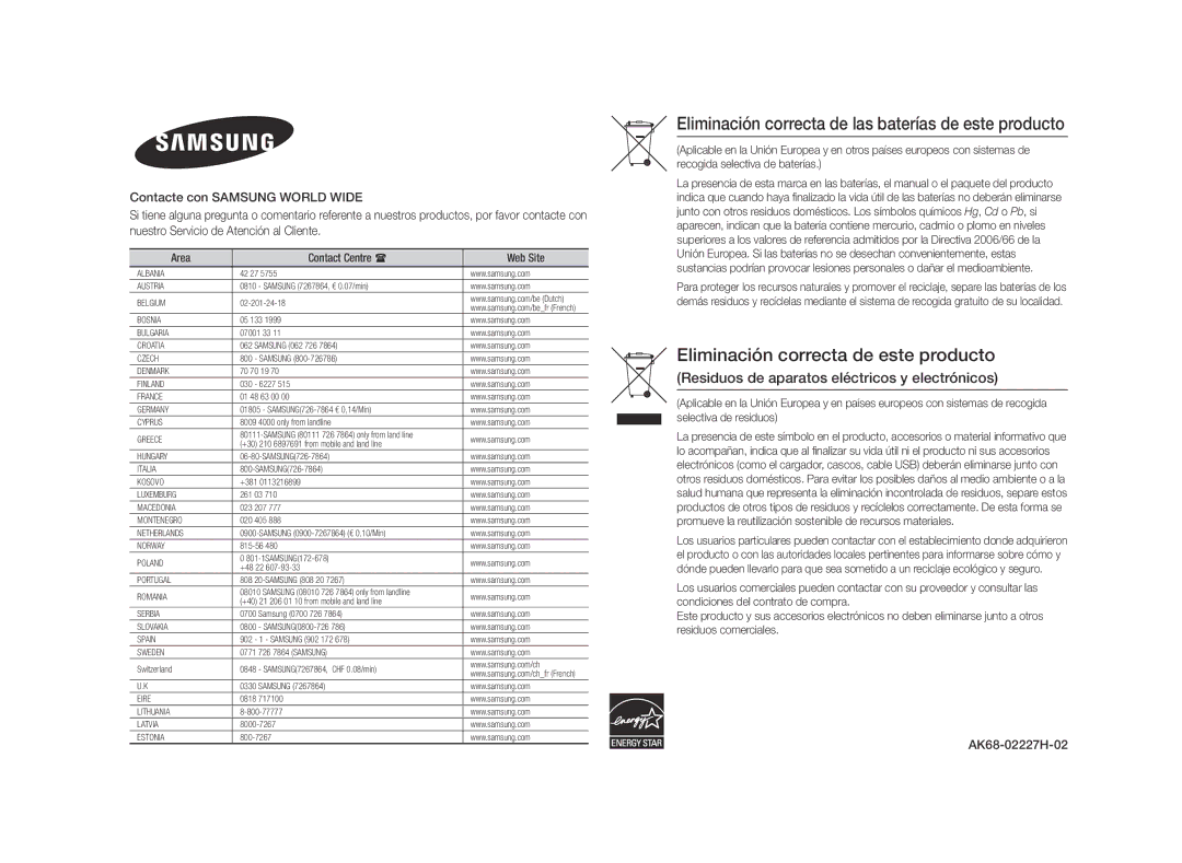 Samsung BD-E5500/ZN, BD-E5500/ZF manual Eliminación correcta de las baterías de este producto 