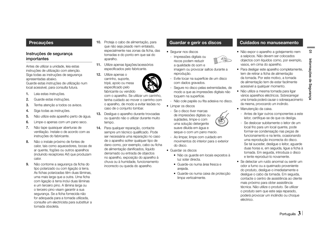 Samsung BD-E5500/ZF, BD-E5500/ZN manual Precauções, Guardar e gerir os discos, Instruções de segurança importantes 