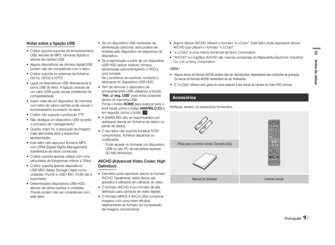 Samsung BD-E5500/ZF, BD-E5500/ZN manual Acessórios, Notas sobre a ligação USB 