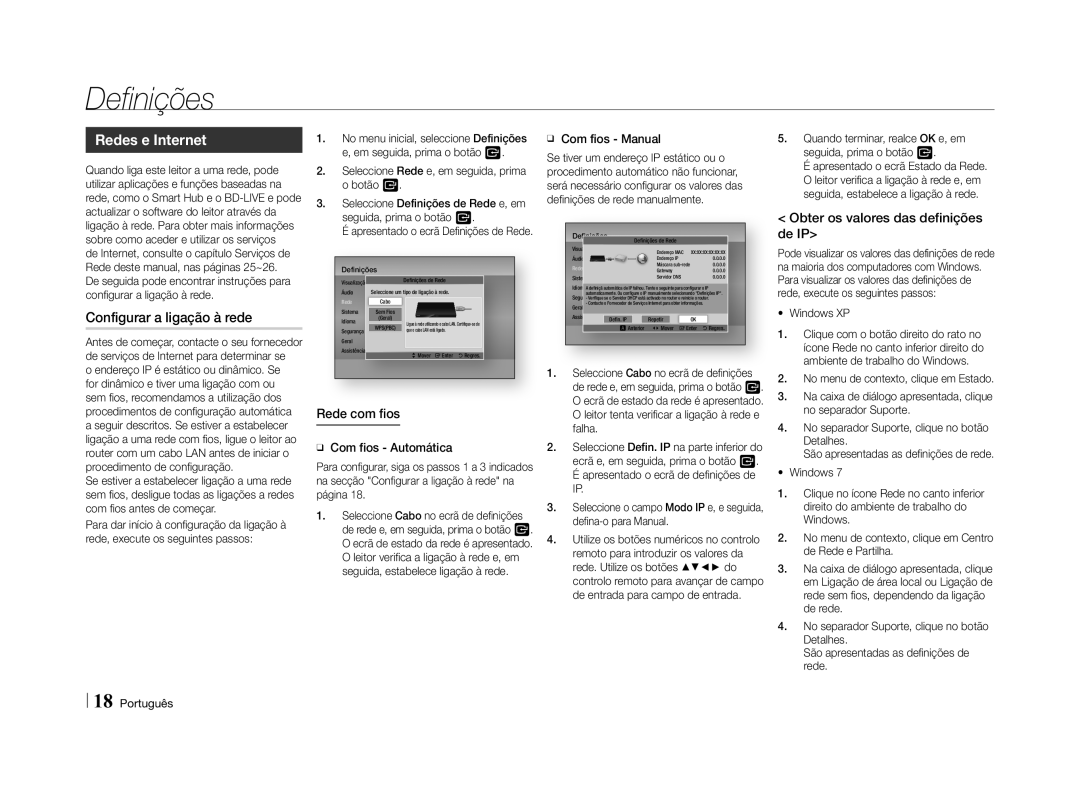 Samsung BD-E5500/ZN, BD-E5500/ZF Configurar a ligação à rede, Obter os valores das definições, De IP, ĞĞ Com fios Manual 