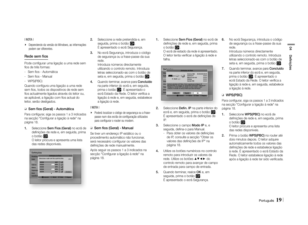 Samsung BD-E5500/ZF, BD-E5500/ZN manual ĞĞ Sem fios Geral Automática, ĞĞ Sem fios Geral Manual 