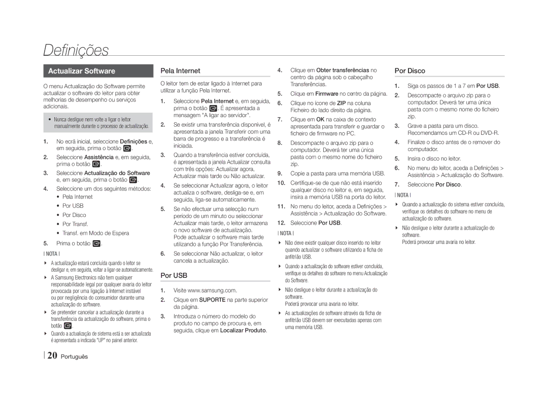 Samsung BD-E5500/ZN, BD-E5500/ZF manual Actualizar Software, Pela Internet 