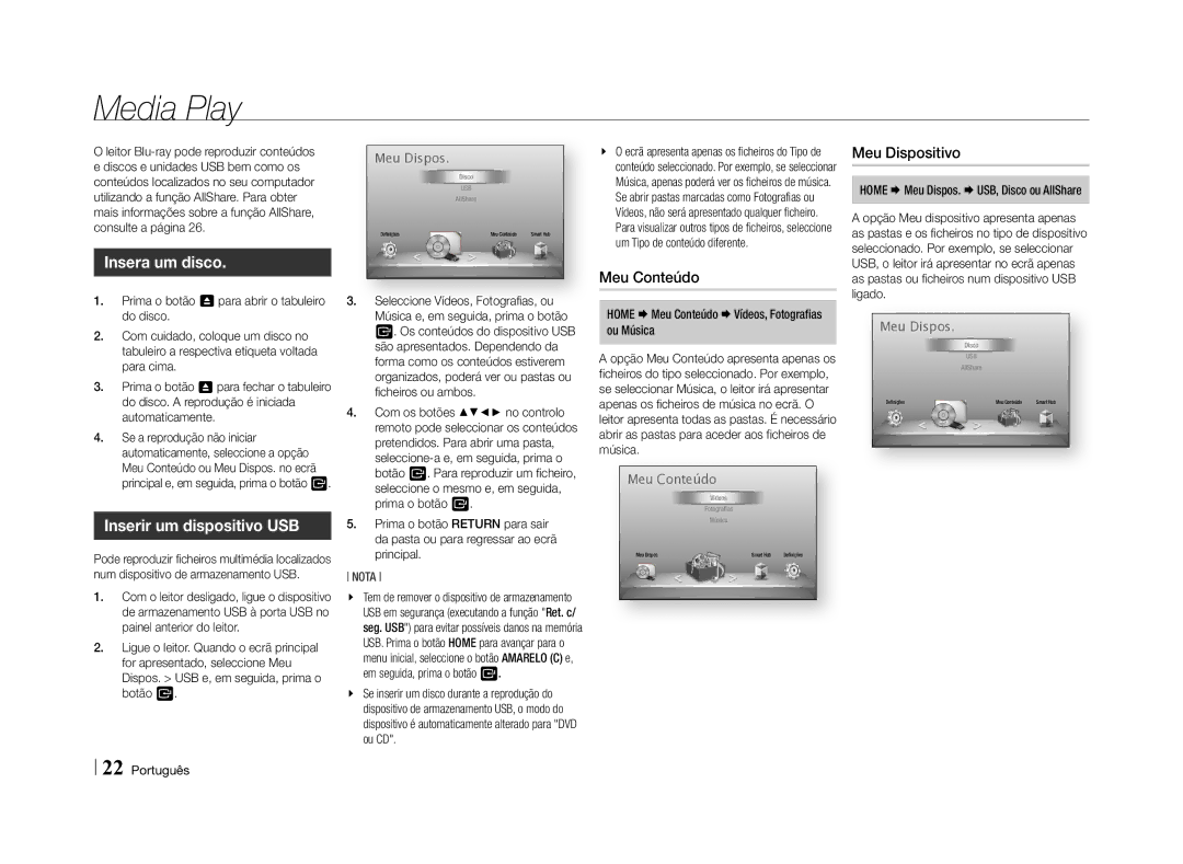 Samsung BD-E5500/ZN, BD-E5500/ZF manual Insera um disco, Inserir um dispositivo USB, Meu Conteúdo, Meu Dispositivo 