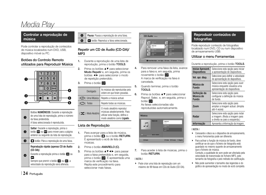 Samsung BD-E5500/ZN manual Controlar a reprodução de música, Reproduzir conteúdos de fotografias, Lista de Reprodução 