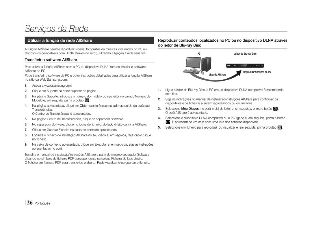 Samsung BD-E5500/ZN manual Utilizar a função de rede AllShare, Transferir o software AllShare, Leitor de Blu-ray Disc 